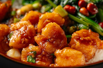 Closeup on portion of asian rice dish with shrimp and spinach