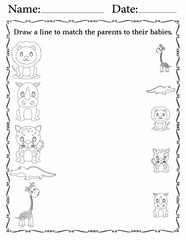 Matching Activity Pages for Kids | Matching Activity Worksheets for Kindergarten | Match Animals to Their Babies