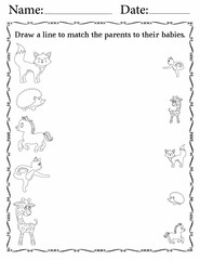 Printable Matching Activity sheet for Kids | Matching Activity Worksheets for Children | Match Animals to Their Babies
