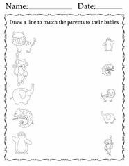Matching Activity sheet for Kids | Matching Activity Worksheets for Classroom | Match Animals to Their Babies