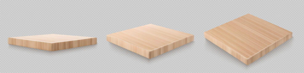 Realistic set of square wooden boards isolated on transparent background. Vector illustration of natural oak, pine, poplar wood platform top and side view. Podium for product show. Design sample