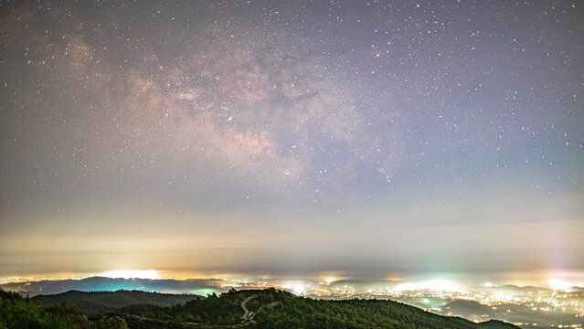 Milky Way time lapse with light coming from the Limassol village in Cyprus