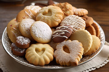 buttery shortbread heart shape cookies sprinkled of powdered sugar vintage porcelain plate Generative AI