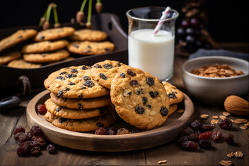 Obraz na płótnie Canvas vegan cookies on wooden stack of hearty with plump raisins next to a glass of cold milk closeup on dark background Generative AI