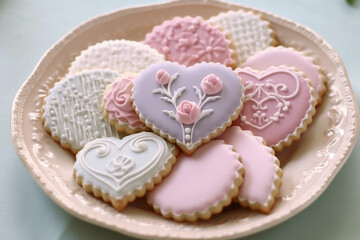 buttery shortbread heart shape cookies sprinkled of powdered sugar vintage porcelain plate Generative AI