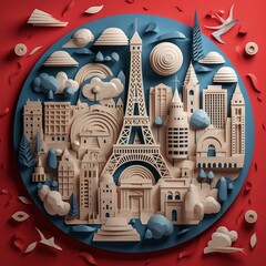 Patriotic Paper Cuts 3D Craft Style Illustration Celebrating Bastille Day.