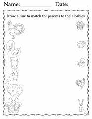 Matching Activity sheet for Kids | Matching Activity Worksheets for Critical Thinking | Match Animals to Their Babies