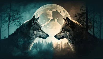 Fotobehang Fantasie landschap two wolves in the moonlight