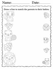 Printable Matching Activity sheet for Kids | Matching Activity Worksheets for Fun | Match Animals to Their Babies