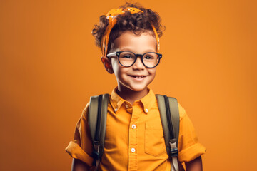 schoolboy with glasses with backpack is ready to go to school for education. generative AI