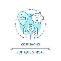 Cost saving turquoise concept icon. Living expenses. Budget friendly. Personal finance. Freelance work. Lower price abstract idea thin line illustration. Isolated outline drawing. Editable stroke
