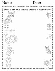 Matching Activity sheet for Kids | Matching Activity Worksheets for Fun | Match Animals to Their Babies
