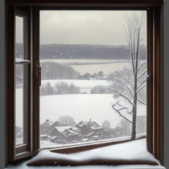 View from Window of Winter Landscape, Generative AI Illustration