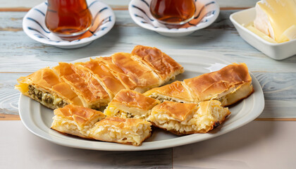Turkish su boregi, burek or borek, turkish water patty slices with cheese and turkish tea,...