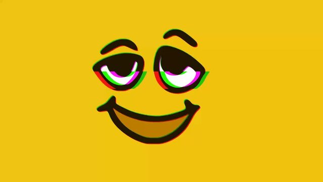 Happy face showing tongue with glitch effect on yellow background, Cartoon face expressions animation, Emoji motion graphics.