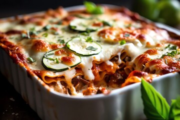 Stack of zucchini lasagna on a blue plate generative AI