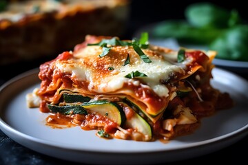 Traditional roasted vegetable lasagna with layers of eggplant and zucchini on a rustic wooden board, Italian cuisine food, generative AI - obrazy, fototapety, plakaty