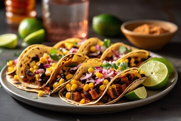 Vegan food. onion, corn, avocado, tacos edamame, lime, radish, cabbage wooden table generative ai