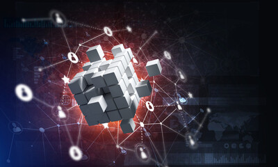 Concept of Internet and networking with digital cube figure on dark background