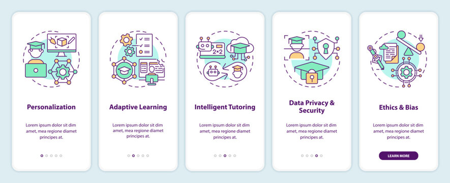 5 steps multicolor icons representing artificial intelligence in education, graphic instructions with linear concepts, app screen.