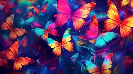 Colors of rainbow. Pattern of multicolored butterflies morpho, texture background Generative AI