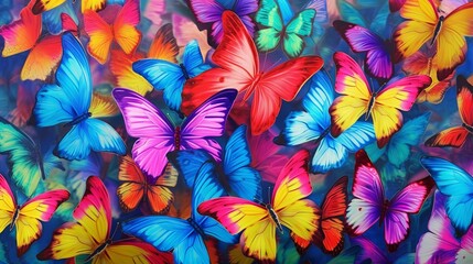 Obraz na płótnie Canvas Colors of rainbow. Pattern of multicolored butterflies morpho, texture background Generative AI