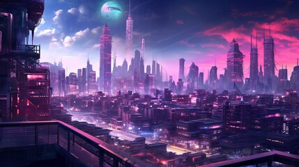 Cyberpunk Cityscape with Blue and Pink Neon lights. Night scene with Visionary Architecture Generative AI