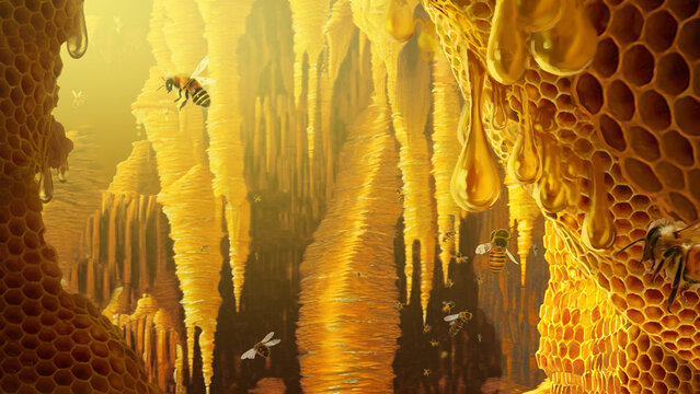 Bee hive inside. Honeycomb structures with honey. Insect city digital painting. 2d illustration.