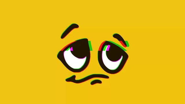 Saddened face emoticon with glitch effect on yellow background, Cartoon face expressions animation, Emoji moti