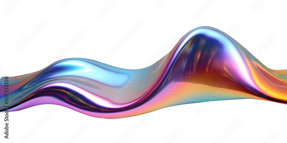 Poster 3d rendering multicolored flowing abstract iridescent wave shape. generative ai