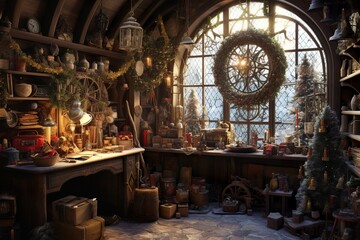 Santa Claus workshop, christmas interior background concept, generative ai