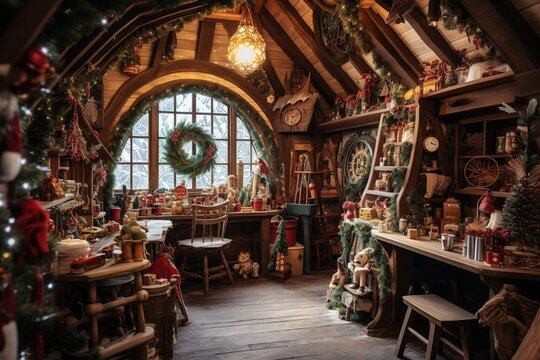 Santa Claus workshop, christmas interior background concept, generative ai