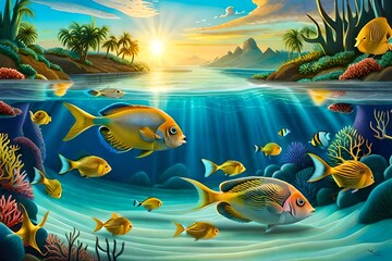 Fototapeta na wymiar group of gold fish in sea water in sunrise generated AI