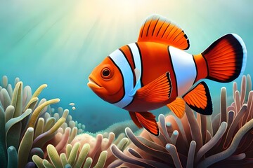 Fototapeta na wymiar the beautiful adult clown fish with coral reefs generated AI