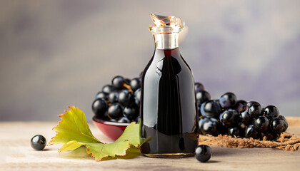 Glass bottle of organic black grape balsamic vinegar made from fermented fresh grapes. Healthy...