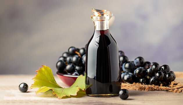 Glass bottle of organic black grape balsamic vinegar made from fermented fresh grapes. Healthy organic food black fruit, selective focus