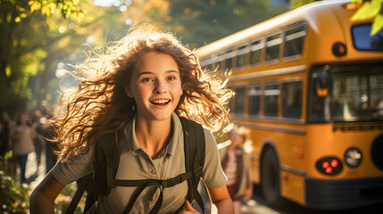 Smiling girl getting off the school bus running to school. First day of school and back to school