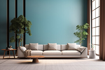 apartment sofa home wall modern blue interior design room furniture loft. Generative AI.