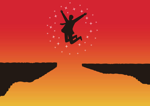 ビジネスイメージ　断崖絶壁をジャンプするビジネスマンのシルエットイラスト　成功、飛躍、挑戦