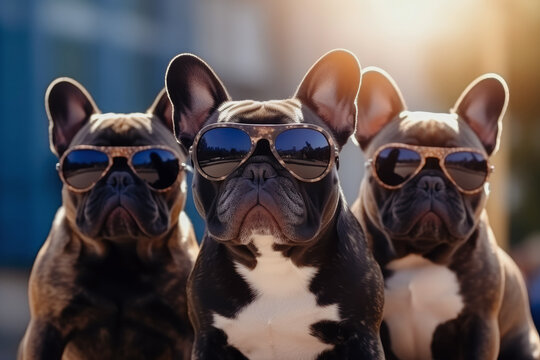 Cute French Buldogs Family in Sunglasses extreme closeup. Generative AI