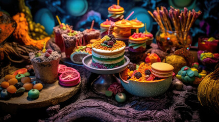 Obraz na płótnie Canvas Array of Colorful Sweet Desserts in a Dessert Buffet extreme closeup. Generative AI