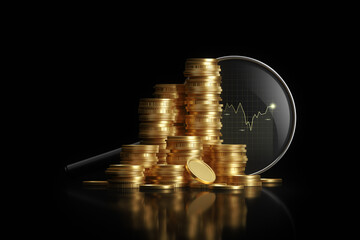 Success gold business investment financial market on 3d background of growth golden coin stack currency money profit finance concept or magnifying glass stock exchange wealth economy graph diagram. - obrazy, fototapety, plakaty