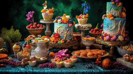 Naklejka premium Array of Colorful Sweet Desserts in a Dessert Buffet extreme closeup. Generative AI