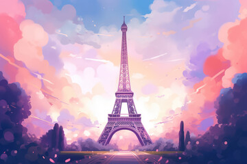 Travel to France Concept. Travel Poster with Eiffel Tower extreme closeup. Generative AI
