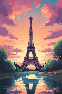 Travel to France Concept. Travel Poster with Eiffel Tower extreme closeup. Generative AI