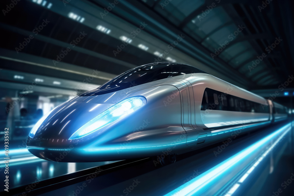 Poster futuristic design high speed train motion extreme closeup. generative ai