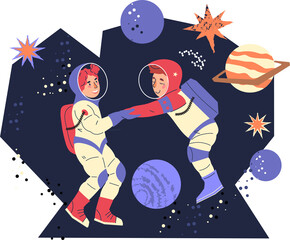 Kids astronauts in cosmic suits having fun and jumping for joy in outer space.  Space explorers boy and girl, cute children. © Anastasia