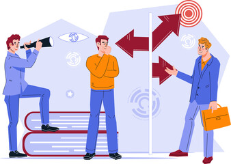 Consulting and business advice. Business people choose the right way and make a decision. Business strategy, guidance and choice.