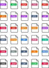File format icons set. Format for texts, images, vector images, videos - pdf, doc, jpg, xls, zip. File download symbols. Document types in flat style. Vector illustration.