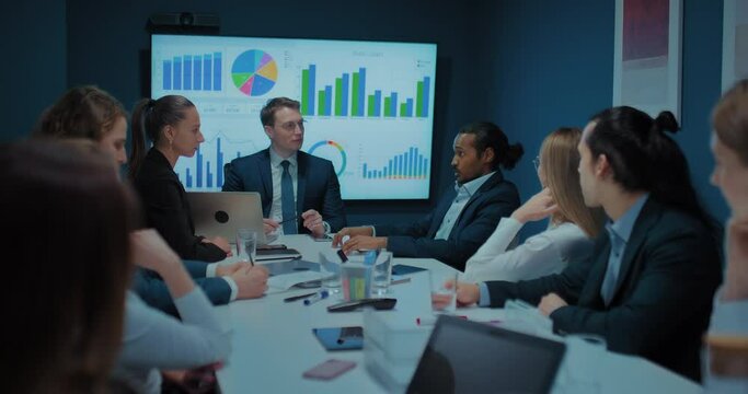 multiethnic business people communicating in conference room, boss and employees, 4K, Prores